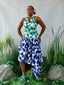 Blossom Mixed Print Halter Dress in floral poly linen with asymmetric hem. For Style's Sake Summer Reverie Resort Collection