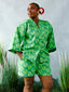 FSS Icon Print Linen Shorts Set front side view. Green icon print kimono shirt and shorts by For Style's Sake
