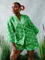 FSS Icon Print Linen Shorts Set side bend half length. Green icon print linen co-ord by For Style's Sake