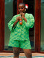 FSS Icon Print Linen Shorts Set styled with a drink. Kimono linen co-ord in green by For Style's Sake
