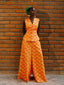 FSS Icon Print Linen Pants Set Full view styled look. Vibrant orange print linen by For Style's Sake